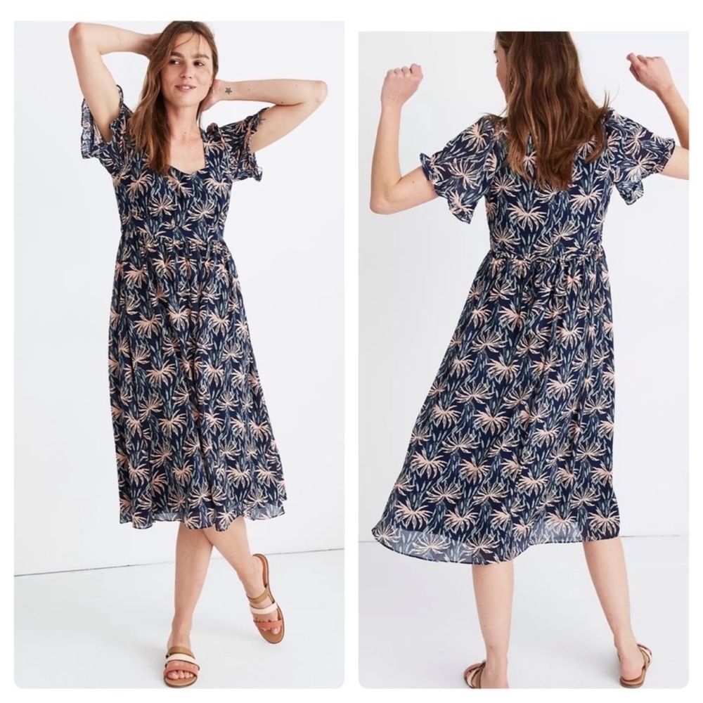 Madewell Ruffle-Sleeve Midi Chiffon Blue Peach Dress Oasis Palms